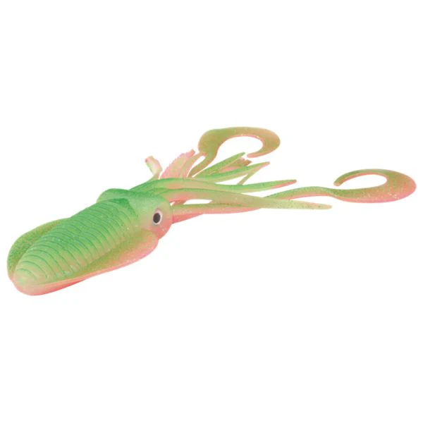 P-Line Twin Tail Squid - 4-1/2" - Green/Pink Glow Glitter
